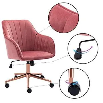 DUHOME Home Office Chair Computer Armchair Task Chair Velvet Upholstered Chair Height Adjustable Comfortable Stool Swivel Rolling with Rose Gold Metal Base Pink