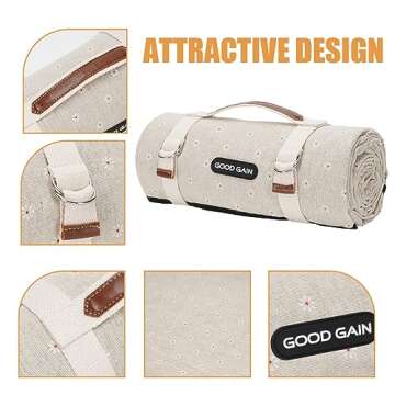 G GOOD GAIN Picnic Blankets Waterproof Extra Large - Outdoor Blanket Sand Free Foldable with Carry Strap for Beach, Camping, Park Grass, Hiking, Travel, Concerts(White Flower)