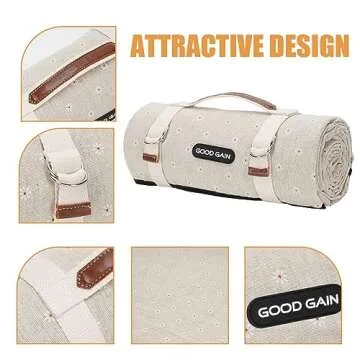 G GOOD GAIN Picnic Blankets Waterproof Extra Large - Outdoor Blanket Sand Free Foldable with Carry Strap for Beach, Camping, Park Grass, Hiking, Travel, Concerts(White Flower)