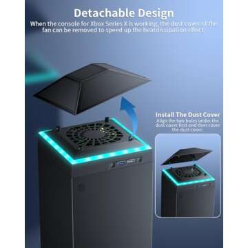 MENEEA Cooling Fan Dust Proof for Xbox Series X Console with Colorful Light Strip,MENEEA Dust Cover Filter,Rubber Dust Plugs,Low Noise Top Fan with 3 Gears,Cooler&Light Independent Touch Switch, 2 USB Port