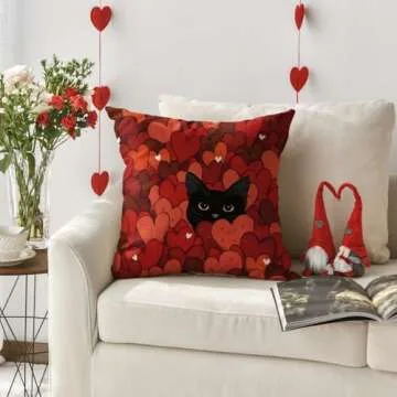 AVOIN Valentine's Day Red Heart Cat Pillow Cover 18x18