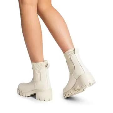 DREAM PAIRS Women's Elastic Chelsea Ankle Boots Fashion Low Chunky Heel Platform Lug Sole Short Booties Shoes,Size 8.5,Beige,SDAB2312W