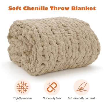 xffzroom Chunky Knit Blanket Throw, 50x60inch Soft Chenille Yarn Throw, Handmade Warm Thick Cable Kn...