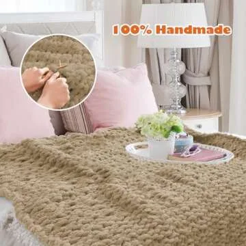xffzroom Chunky Knit Blanket Throw, 50x60inch Soft Chenille Yarn Throw, Handmade Warm Thick Cable Knit Crochet Blanket, Large Rope Knot Throw Blanket for Couch Bed Sofa,Light Khaki