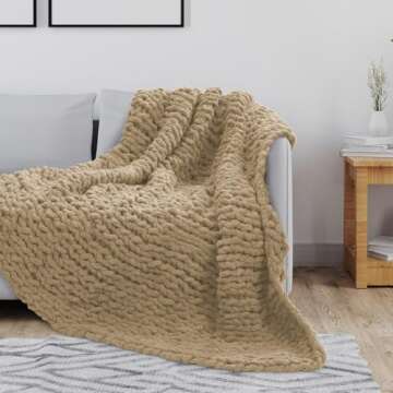 xffzroom Chunky Knit Blanket Throw, 50x60inch Soft Chenille Yarn Throw, Handmade Warm Thick Cable Knit Crochet Blanket, Large Rope Knot Throw Blanket for Couch Bed Sofa,Light Khaki