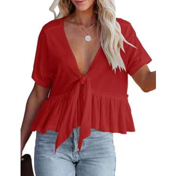 Orchidays Women's Short Sleeve Deep V Neck Blouses Babydoll Tie Front Sexy Crop Summer Tops Red