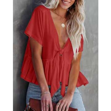 Orchidays Women's Short Sleeve Deep V Neck Blouses Babydoll Tie Front Sexy Crop Summer Tops Red