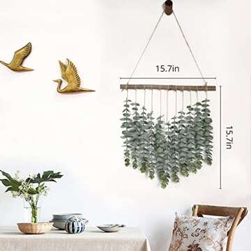 Hanging Eucalyptus Wall Decor with Wooden Hook, Boho Wall Hanging Decor, Artificial Eucalyptus Greenery Fake Vines, Trendy Peaceful Natural Wall Decor for Guest Bedroom Modern Bathroom Living Room