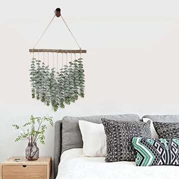 Hanging Eucalyptus Wall Decor with Wooden Hook, Boho Wall Hanging Decor, Artificial Eucalyptus Greenery Fake Vines, Trendy Peaceful Natural Wall Decor for Guest Bedroom Modern Bathroom Living Room