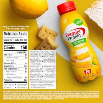 Premier Protein Shake, Limited Edition, Lemon Bar, 30g Protein, 1g Sugar, 24 Vitamins & Minerals, 11.5 oz, 12 Pack