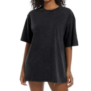 Tuislay Oversized Tshirt Shirts for Women Vintage Acid Wash T Shirt Cotton Casual Baggy Boyfriend Teens Basic Grunge Tees Top (Black,M,Medium)