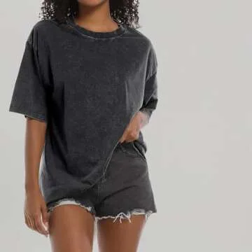 Tuislay Oversized Tshirt Shirts for Women Vintage Acid Wash T Shirt Cotton Casual Baggy Boyfriend Teens Basic Grunge Tees Top (Black,M,Medium)