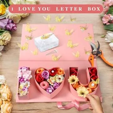 Cholemy I Love You Mama Flower Box with Lids for Arrangements Floral 50 Crystal Bouquet Pins 24 Gold Butterfly Valentine's Day Decoration for DIY Craft Flower Arrangement Wedding(Pink)
