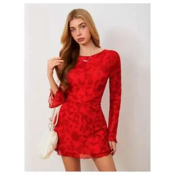 MakeMeChic Women's Floral Print Long Sleeve Mini Dress Mesh Backless Y2k Going Out Dresses Red Small