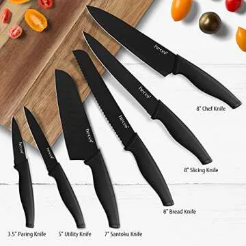 hecef Black Oxide Knife Set of 6 with Matching Protective Sheath, Kitchen Knives Scratch Resistant and Rust Proof, Hard Stainless Steel, Non Stick Black Color Coating Blade