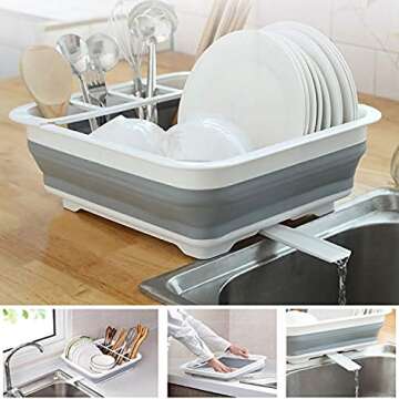Ahyuan Collapsible Dish Drying Rack Portable Dinnerware Drainer Organizer for Kitchen RV Campers Travel Trailers Space Saving Kitchen Storage Rack Tray (with Swivel Sprout)