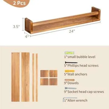 Fun Memories Nursery Book Shelves, 24Inch Floating Shelf for Wall, Wall Bookshelf for Kids Solid Wood Wall Mounted Shelves for Books,Toys and Decor Storage, Set of 2