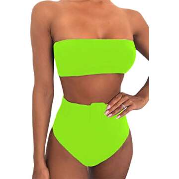FAFOFA High Waist Cheeky Swimsuit for Women Bandeau Strpless Belted Two Pieces Bandage Bikini Sets L Neon Green