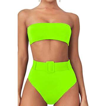 FAFOFA High Waist Cheeky Swimsuit for Women Bandeau Strpless Belted Two Pieces Bandage Bikini Sets L Neon Green