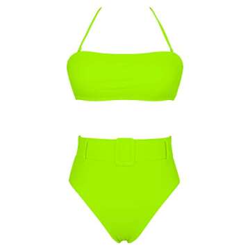 FAFOFA High Waist Cheeky Swimsuit for Women Bandeau Strpless Belted Two Pieces Bandage Bikini Sets L Neon Green