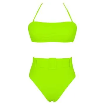 FAFOFA High Waist Cheeky Swimsuit for Women Bandeau Strpless Belted Two Pieces Bandage Bikini Sets L Neon Green