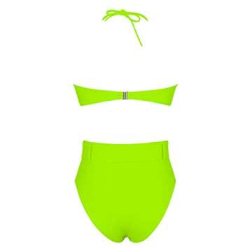 FAFOFA High Waist Cheeky Swimsuit for Women Bandeau Strpless Belted Two Pieces Bandage Bikini Sets L Neon Green