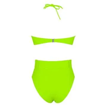 FAFOFA High Waist Cheeky Swimsuit for Women Bandeau Strpless Belted Two Pieces Bandage Bikini Sets L Neon Green