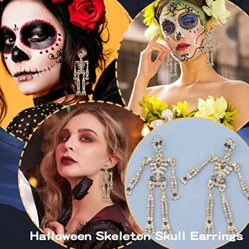 Stylish Halloween Skeleton Earrings with Bling Rhinestones