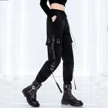 MEINVQIAOTI Black Cargo Pants for Women Techwear Women Loose Street Rock Style Casual Black Pants wi...