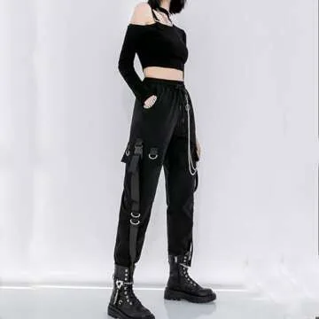 MEINVQIAOTI Black Cargo Pants for Women Techwear Women Loose Street Rock Style Casual Black Pants with Chain Goth Pants (Black,XL)