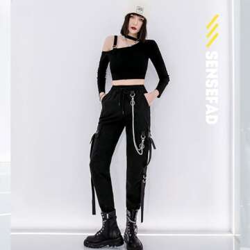MEINVQIAOTI Black Cargo Pants for Women Techwear Women Loose Street Rock Style Casual Black Pants with Chain Goth Pants (Black,XL)