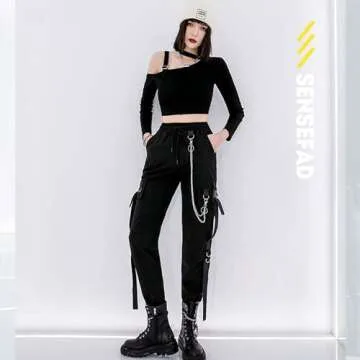 MEINVQIAOTI Black Cargo Pants for Women Techwear Women Loose Street Rock Style Casual Black Pants with Chain Goth Pants (Black,XL)