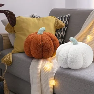 2 Pieces Simulated Pumpkin Pillow Plush Pillow 3D Pumpkin Shaped Pillow Cozy Fall Decorations Stuffed Throw Pillows for Thanksgiving Christmas Halloween Bedroom Sofa Couch Supplies (White, Brown)