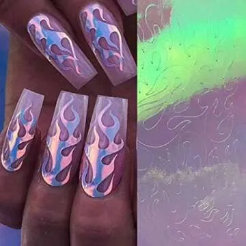 Flame Reflections Nail Stickers - 16PCS Halloween Holographic Fire Flame Nail Art Decals 3D Vinyls Nail Stencil for Nails Manicure Tape Adhesive Foils DIY Decoration