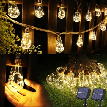 Solar Outdoor String Lights, 2 Pack 20Ft Vintage Rope Hemp Solar Patio Lights, Waterproof Warm White...