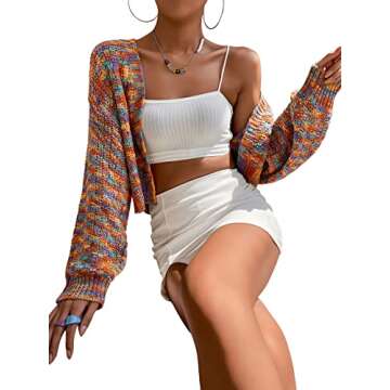 SweatyRocks Women's Color Block Long Sleeve Open Front Cardigan Sweater Knit Crop Top Multicoloured S