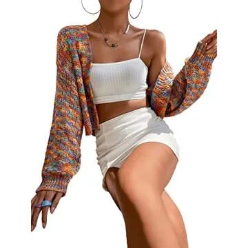 SweatyRocks Women's Color Block Long Sleeve Open Front Cardigan Sweater Knit Crop Top Multicoloured S