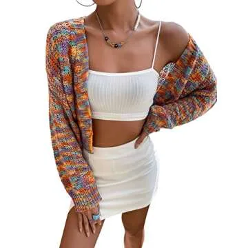 SweatyRocks Women's Color Block Long Sleeve Open Front Cardigan Sweater Knit Crop Top Multicoloured S