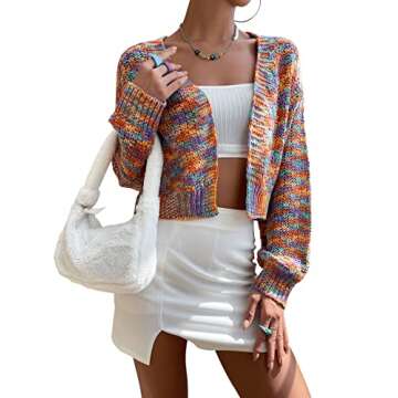 SweatyRocks Women's Color Block Long Sleeve Open Front Cardigan Sweater Knit Crop Top Multicoloured S