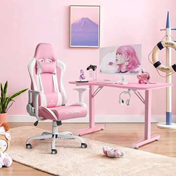 PUKAMI Pink Cute Kawaii Gaming Chair for Girl Ergonomic Desk Racing Office Adjustable High Back Game...