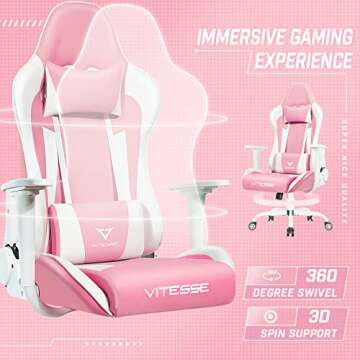 PUKAMI Pink Cute Kawaii Gaming Chair for Girl Ergonomic Desk Racing Office Adjustable High Back Game Swivel Leather Chair with Lumbar Support and Headrest