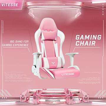 PUKAMI Pink Cute Kawaii Gaming Chair for Girl Ergonomic Desk Racing Office Adjustable High Back Game Swivel Leather Chair with Lumbar Support and Headrest