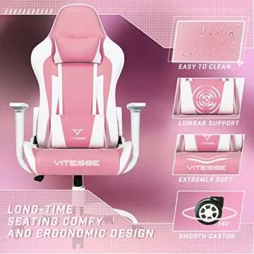 PUKAMI Pink Cute Kawaii Gaming Chair for Girl Ergonomic Desk Racing Office Adjustable High Back Game Swivel Leather Chair with Lumbar Support and Headrest