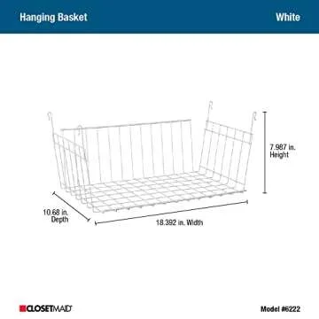 ClosetMaid Wire Hanging Shelf Basket for Storage, Organization in Closet or Pantry, No Assembly or Installation, Durable, 10.68"D x 18.39"W x 7.99"H, White