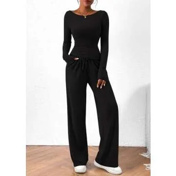 PRETTYGARDEN Women's 2 Piece Lounge Sets Asymmetrical Long Sleeve T Shirt Wide Leg Pants Casual Outfits Tracksuit (Black,Small)