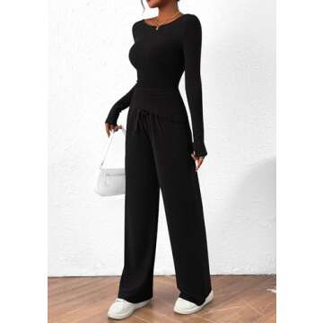 PRETTYGARDEN Women's 2 Piece Lounge Sets Asymmetrical Long Sleeve T Shirt Wide Leg Pants Casual Outfits Tracksuit (Black,Small)