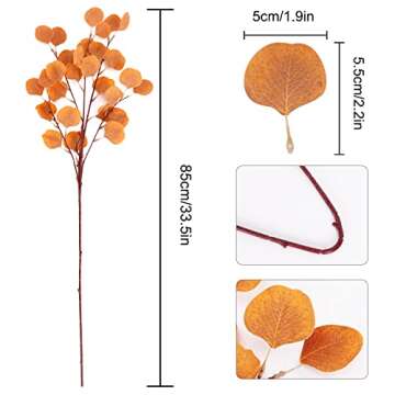 CEWOR 6pcs Fall Stems Artificial Eucalyptus Leaves 33.5in Orange Fake Eucalyptus Branches Autumn Wedding Decorations for Table Home Fireplace Farmhouse Bathroom Floral Arrangement Decor