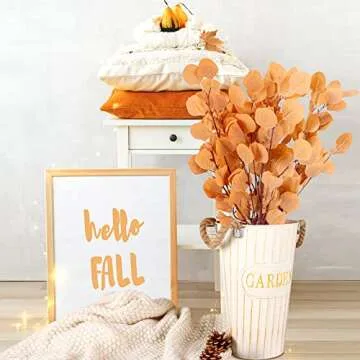 CEWOR 6pcs Fall Stems Artificial Eucalyptus Leaves 33.5in Orange Fake Eucalyptus Branches Autumn Wedding Decorations for Table Home Fireplace Farmhouse Bathroom Floral Arrangement Decor