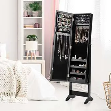 Giantex Jewelry Cabinet with Full-Length Mirror, Standing Jewelry Armoire Organizer with 64 Earring Slots, 72 Ring Slots, 20 Necklace Hooks, 4 Storage Shelves, 3 Angle Adjustable