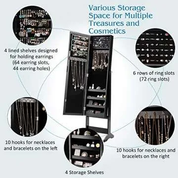 Giantex Jewelry Cabinet with Full-Length Mirror, Standing Jewelry Armoire Organizer with 64 Earring Slots, 72 Ring Slots, 20 Necklace Hooks, 4 Storage Shelves, 3 Angle Adjustable